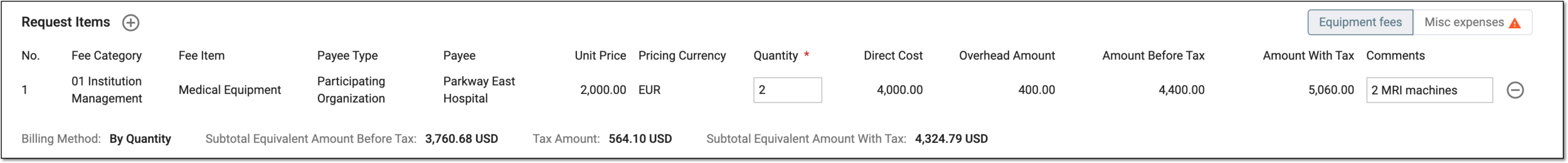 Completing fee details for payment by quantity