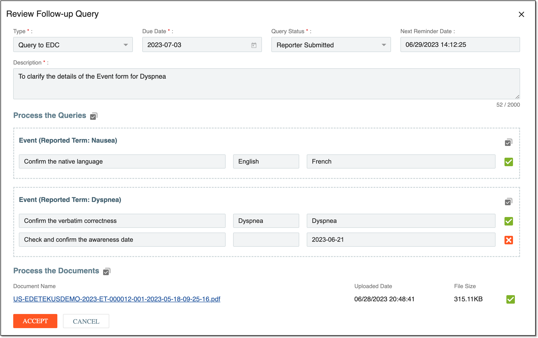 Accepting/rejecting query replies