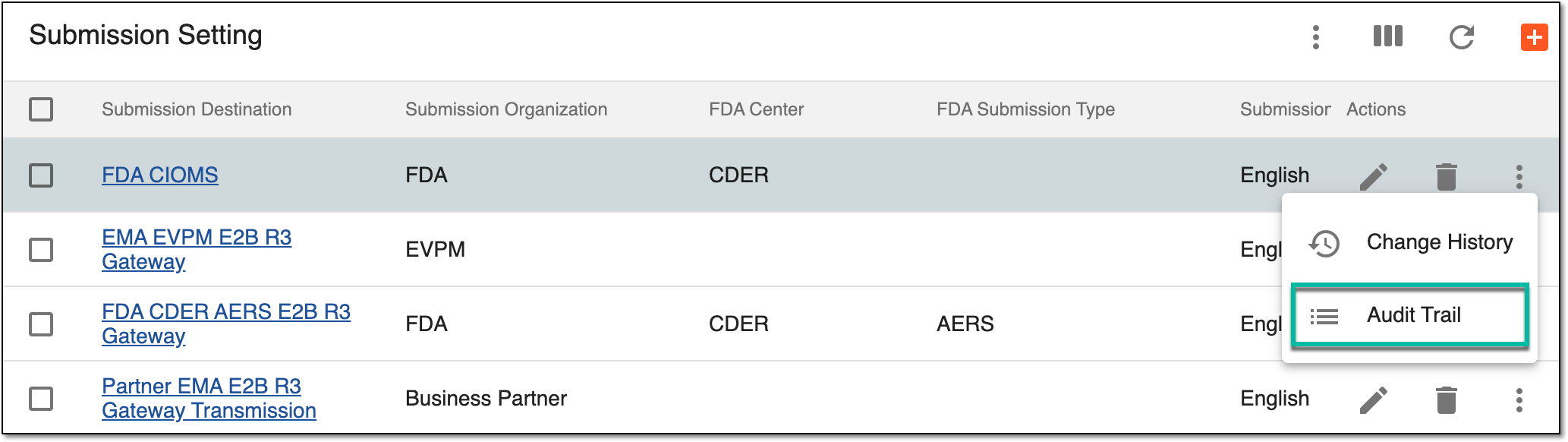 Selecting to view submission setting audit trail