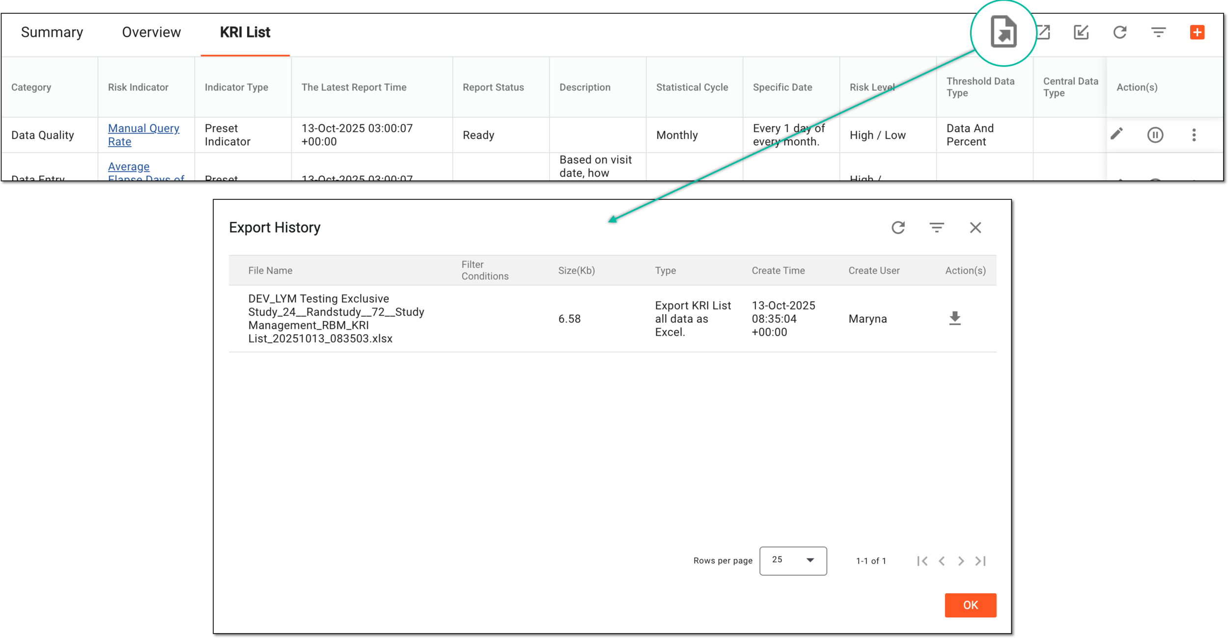 Accessing export history for KRI