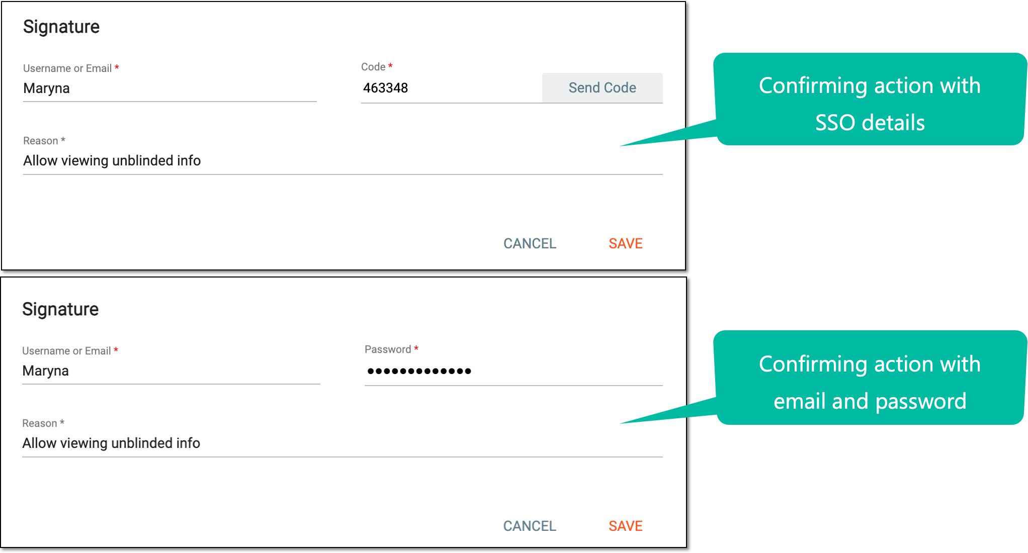 Signing confirmation to show/hide unblinded data