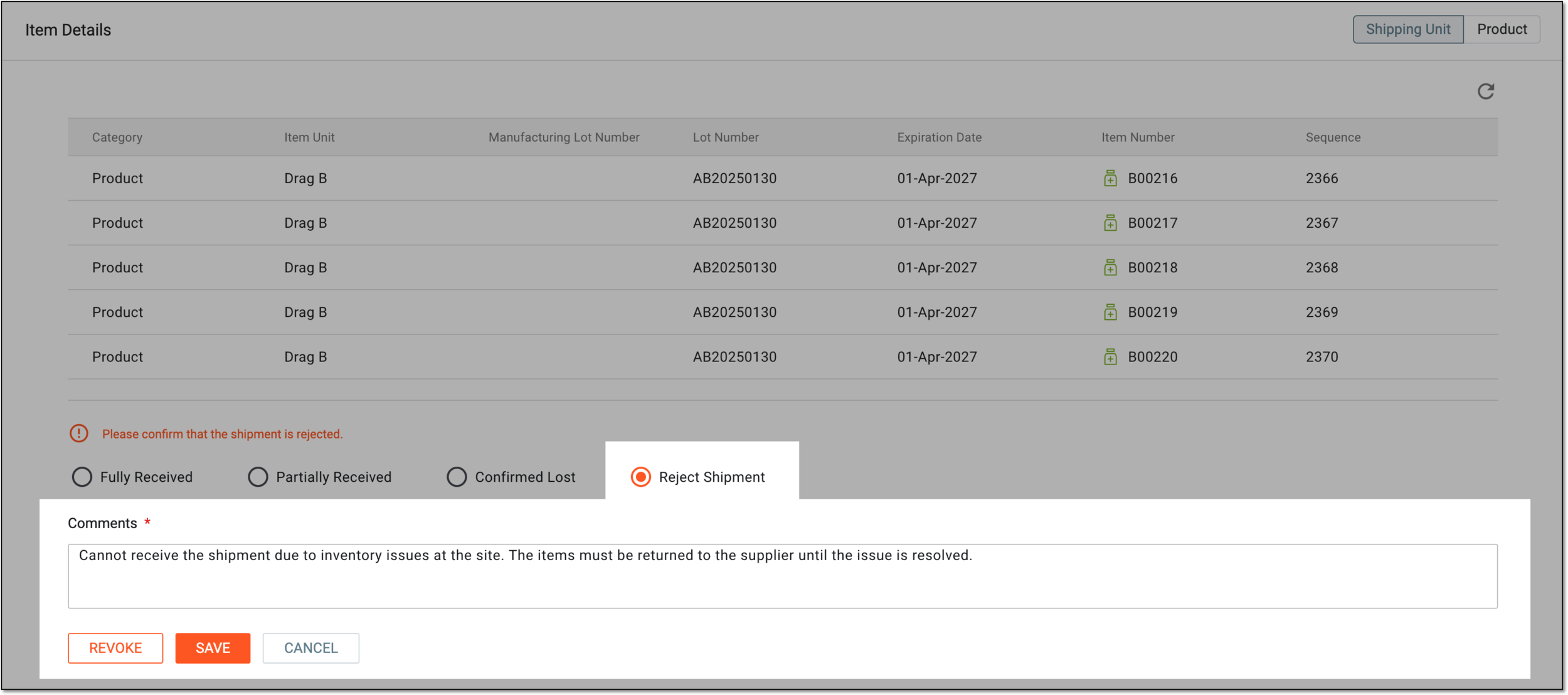 Rejecting shipment as applicant site
