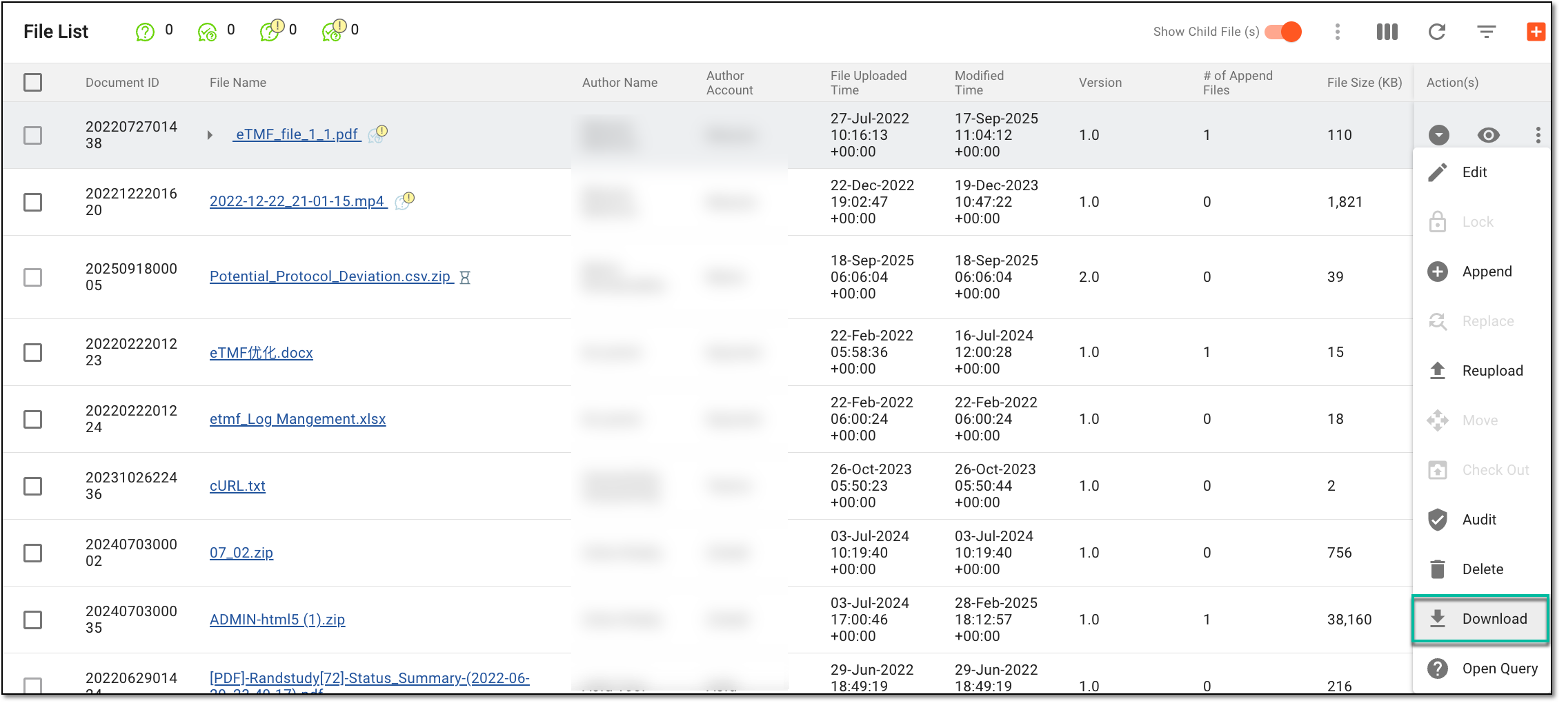 Accessing option to download file