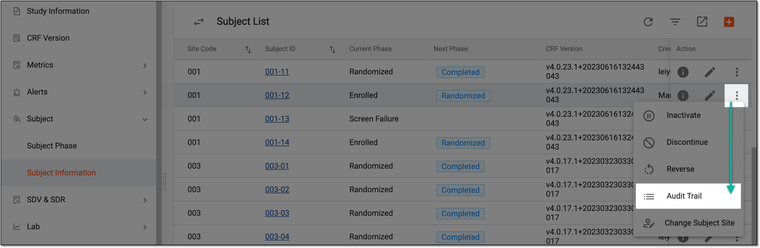 Selecting to view subject audit trail