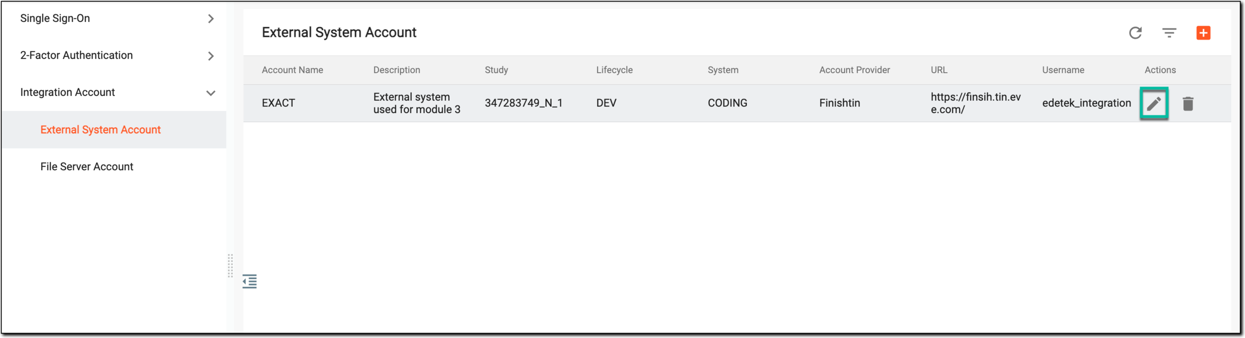 Selecting to edit external system account