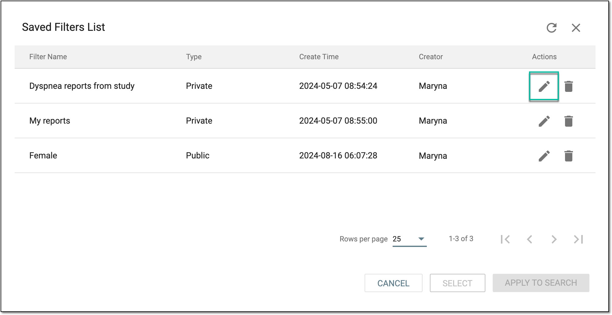 Selecting to edit advance filter set