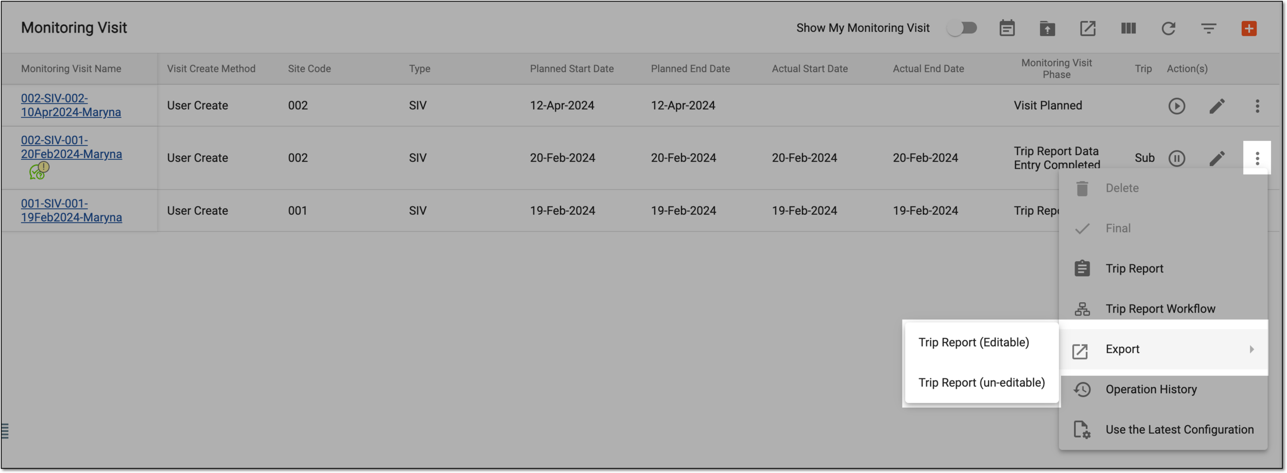 Exporting trip report