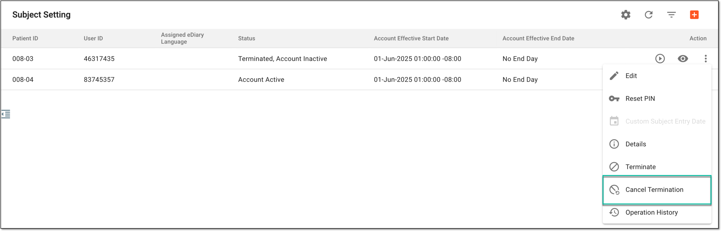 Selecting option to cancel termination