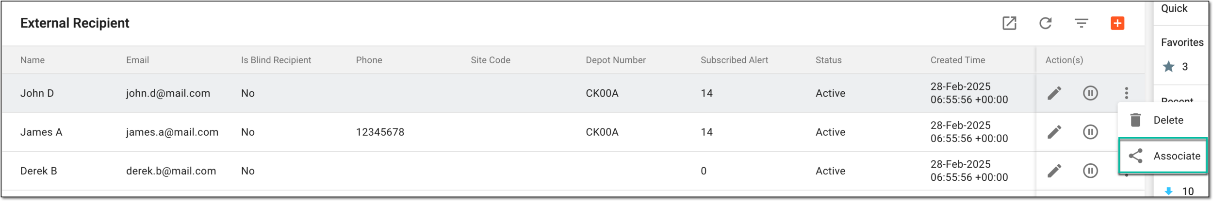 Accessing option to associate recipient account with site or depot
