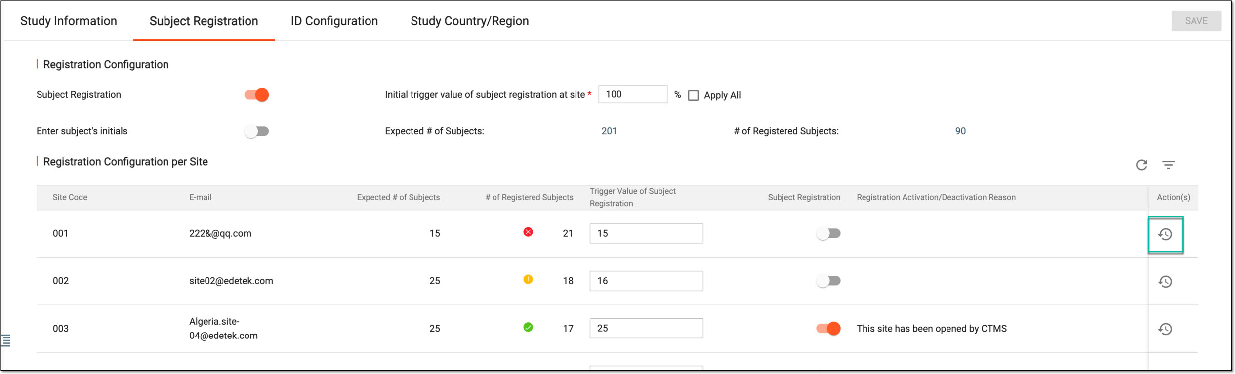 Accessing subject registration activation/deactivation history