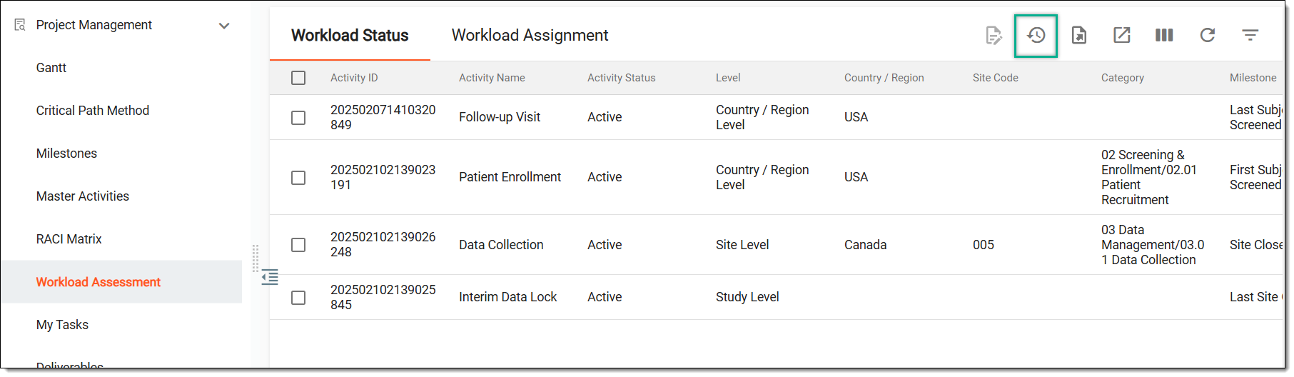 Accessing workload assessment operation history