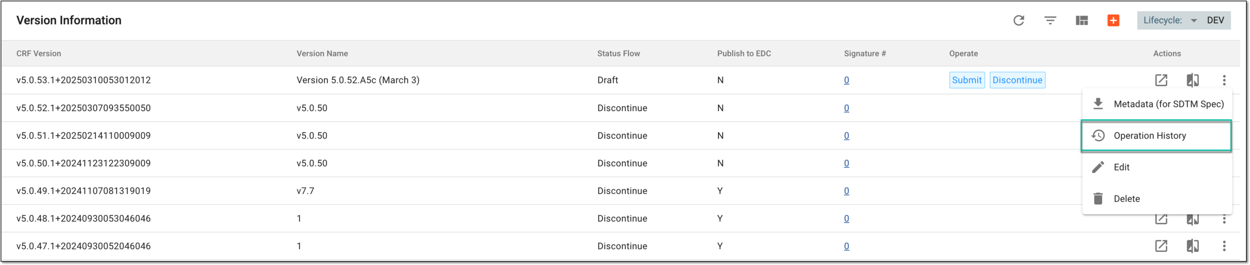 Selecting to view operation history of CRF version