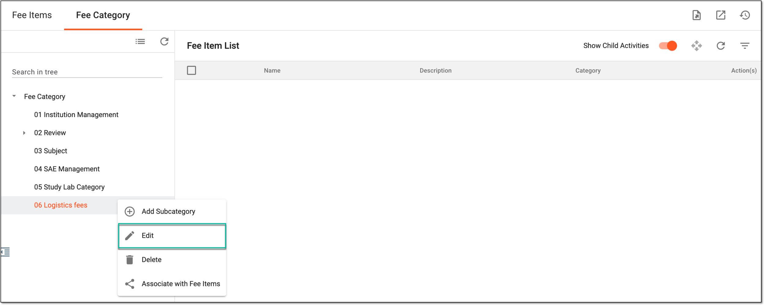Selecting option to edit fee category