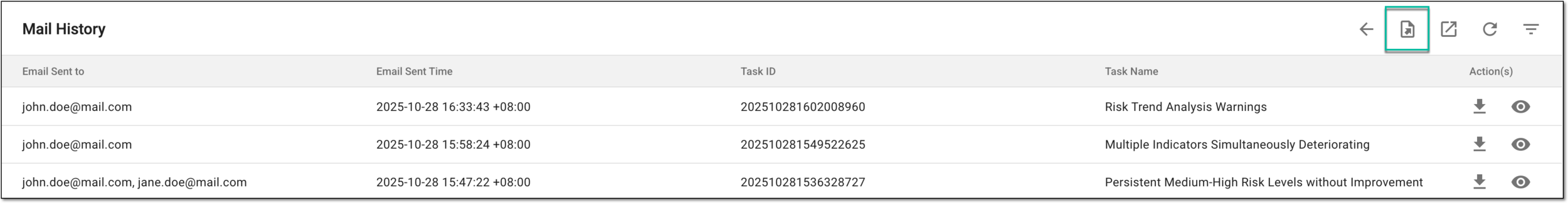 Accessing alert email export history