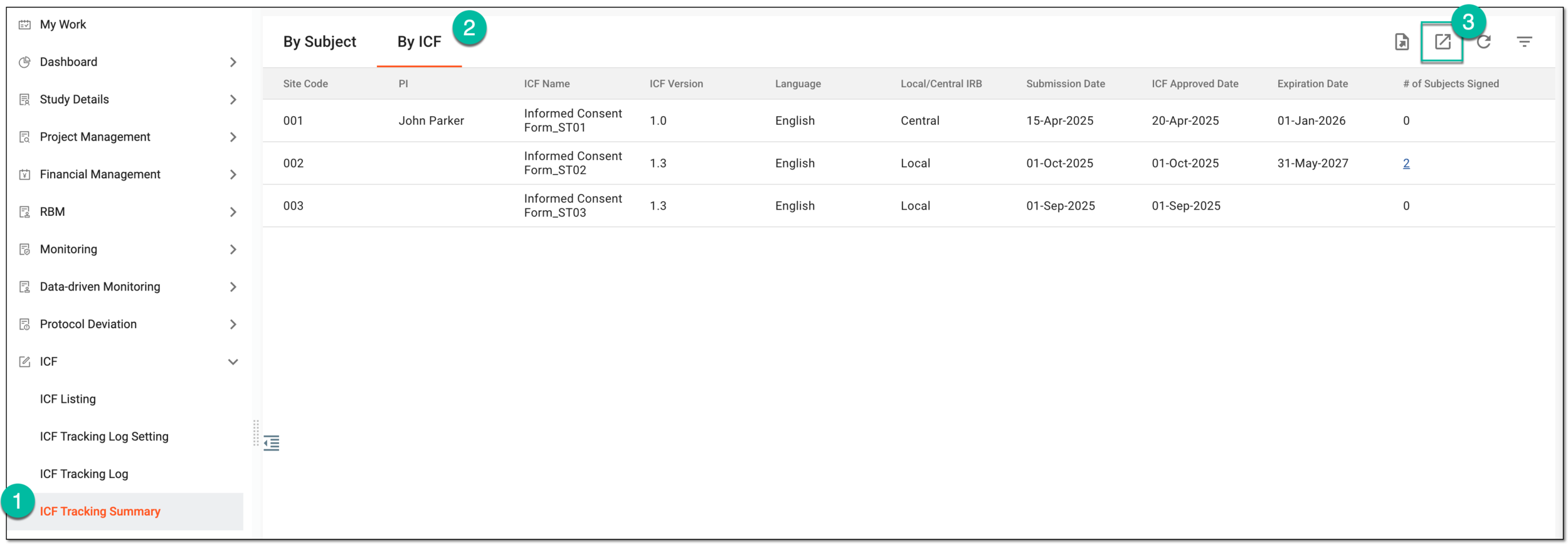 Selecting option to export ICF tracking summary