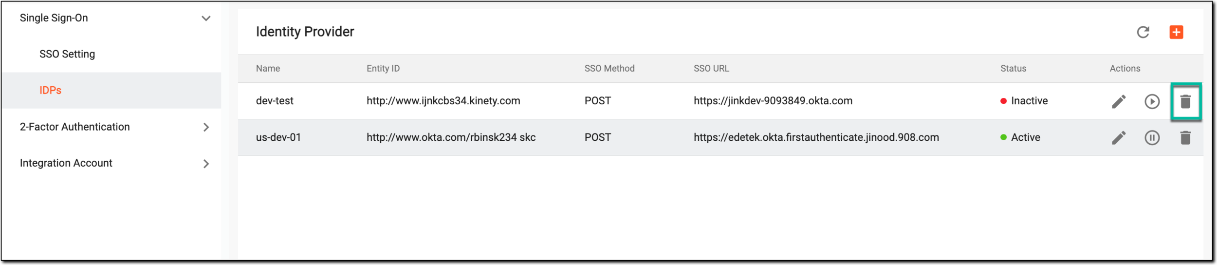 Selecting to delete identity provider