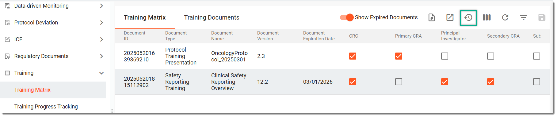 Accessing operation history of training matrix
