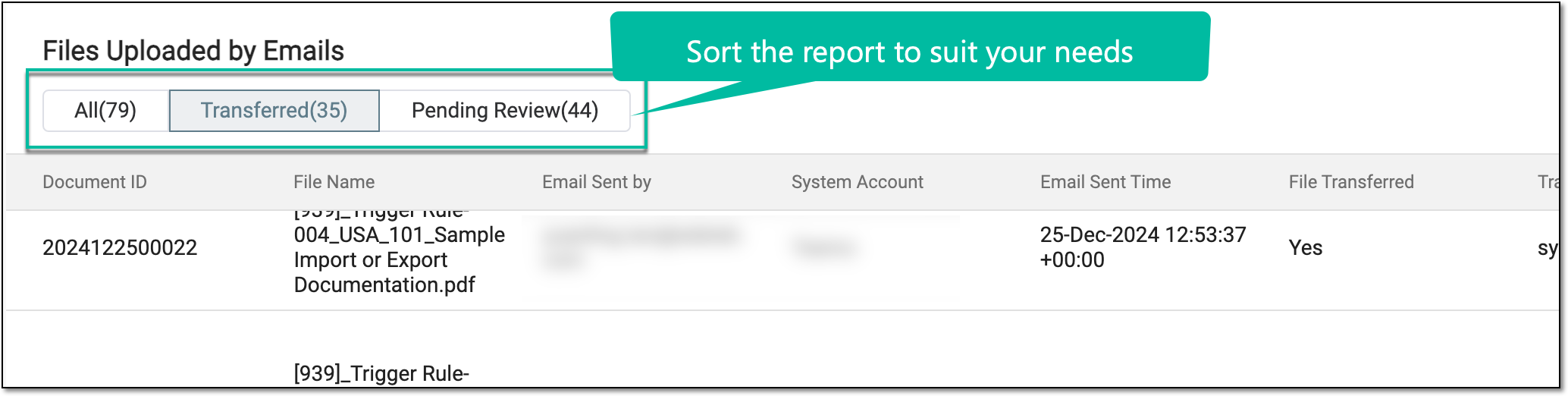 Sorting report by file transfer status