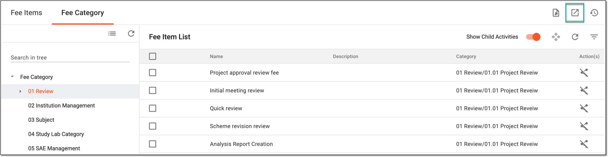 Selecting option to export fee category list
