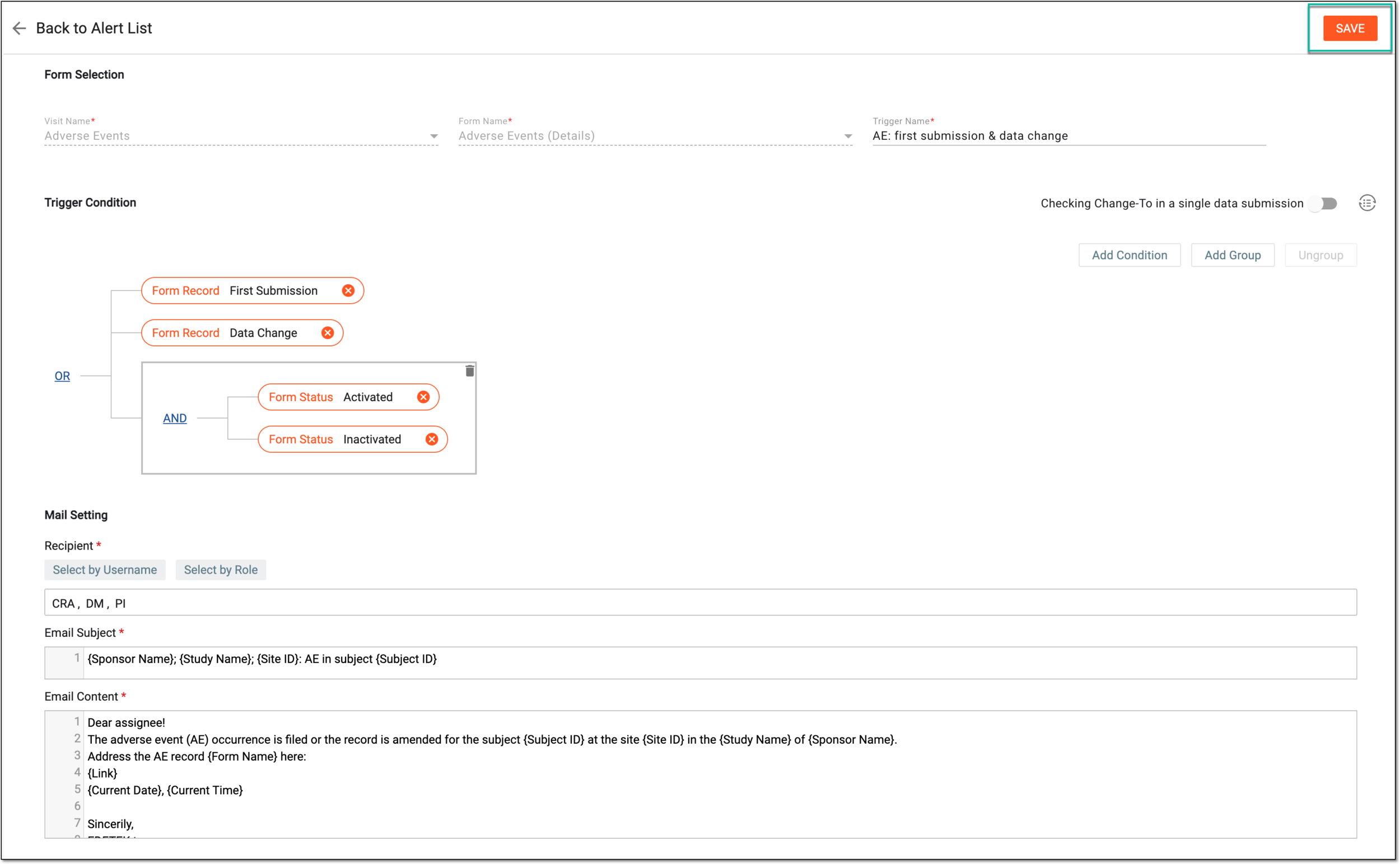 Example of saving alert updates