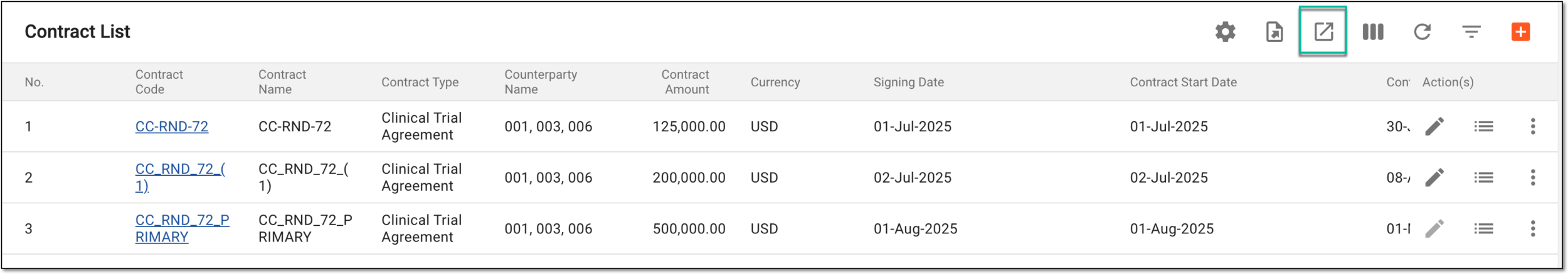 Selecting option to export contract list