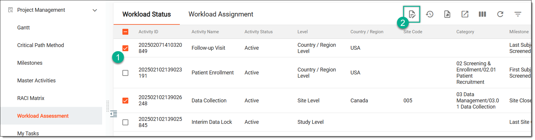 Selecting option to update workload status