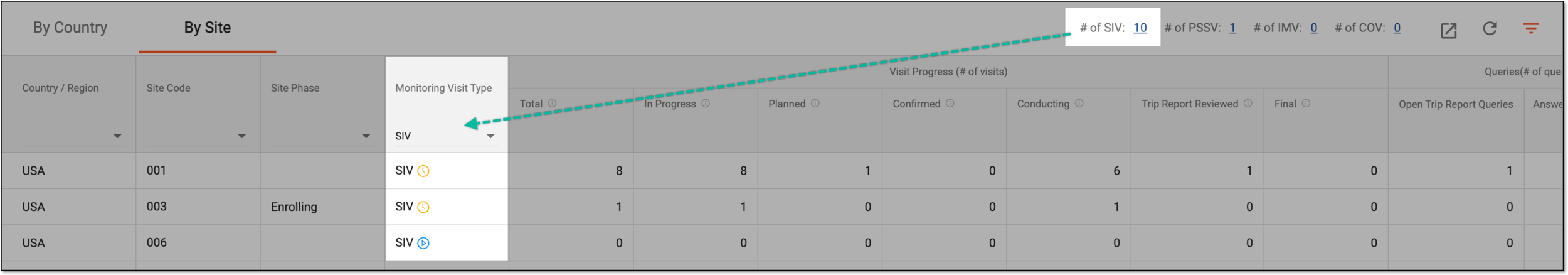Filtering monitoring visit summary by type