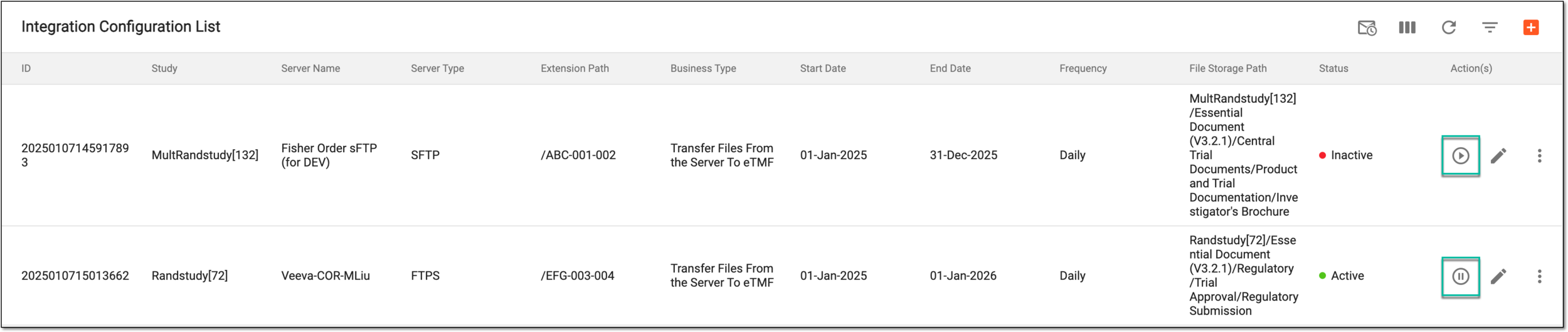 Activating/Inactivating integration configuration