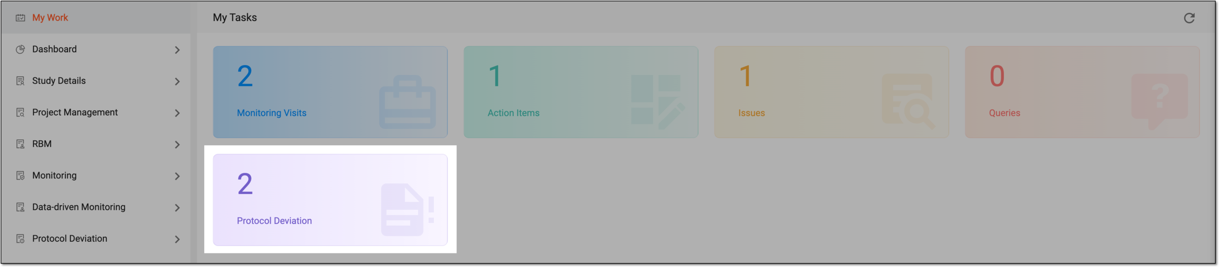 Selecting protocol deviations tile