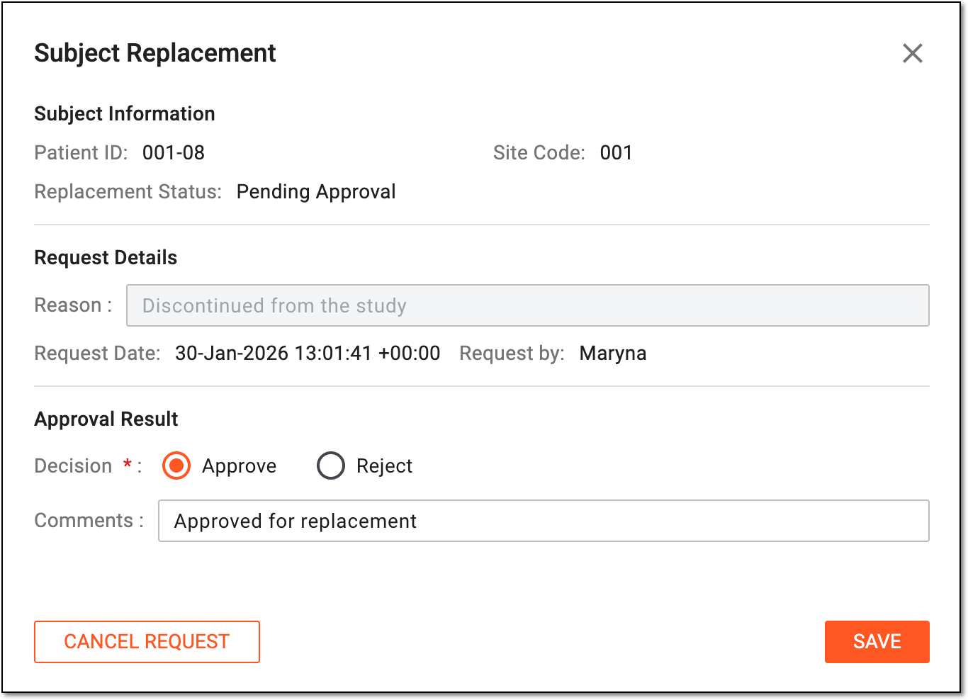 Approving subject replacement request