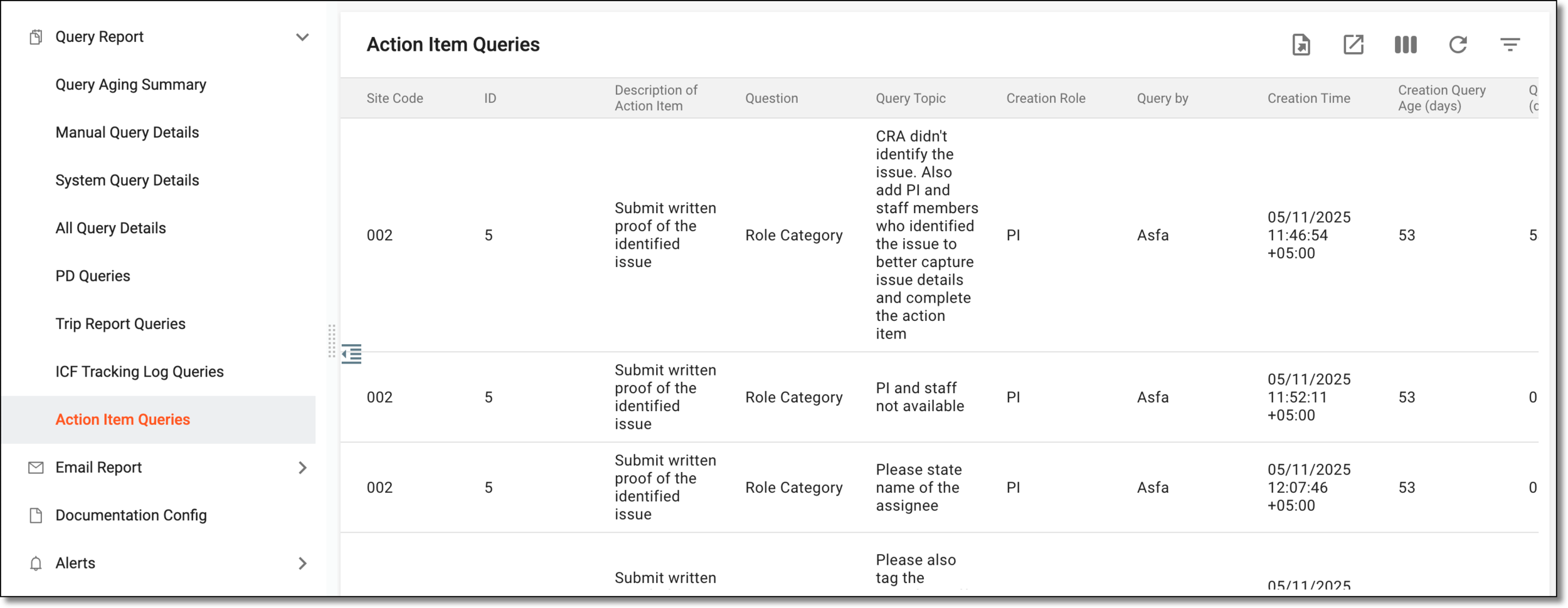 Reviewing action item queries