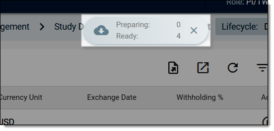 Downloads widget showing files being exported