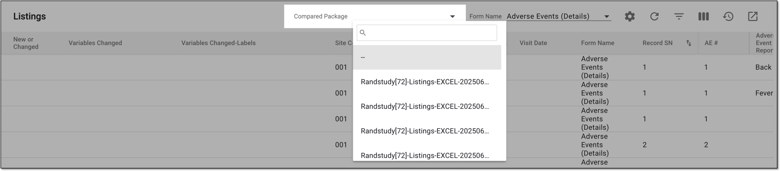 Selecting data package for comparison