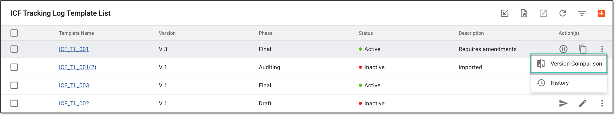 Accessing version comparison for ICF tracking log template