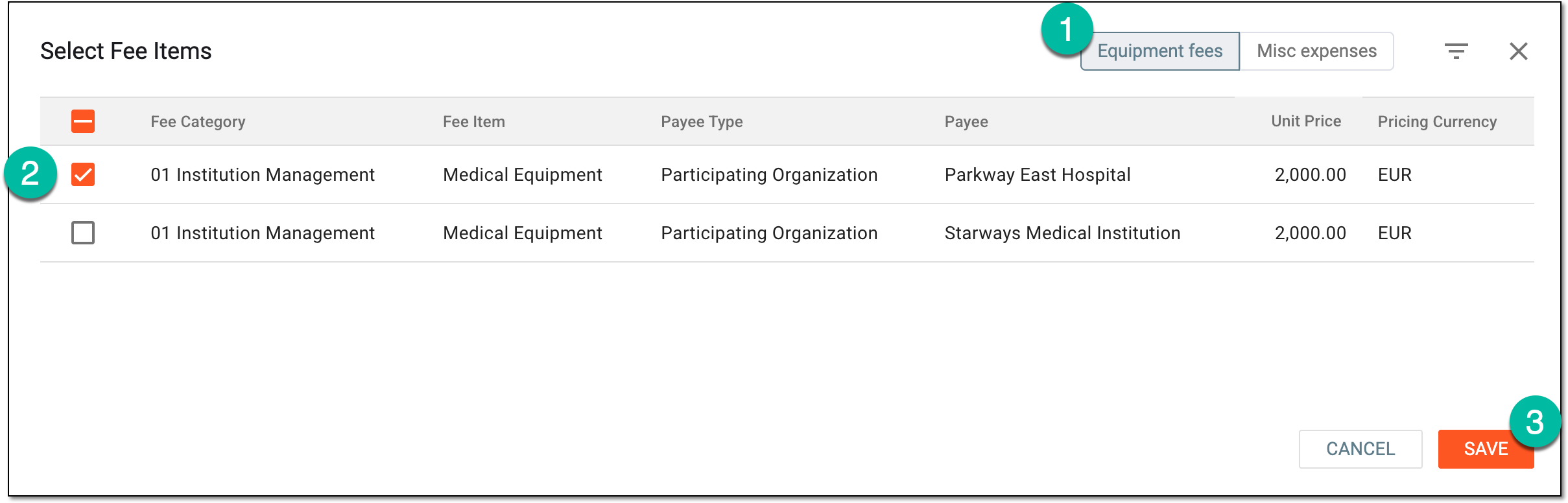 Selecting fee items by quantity