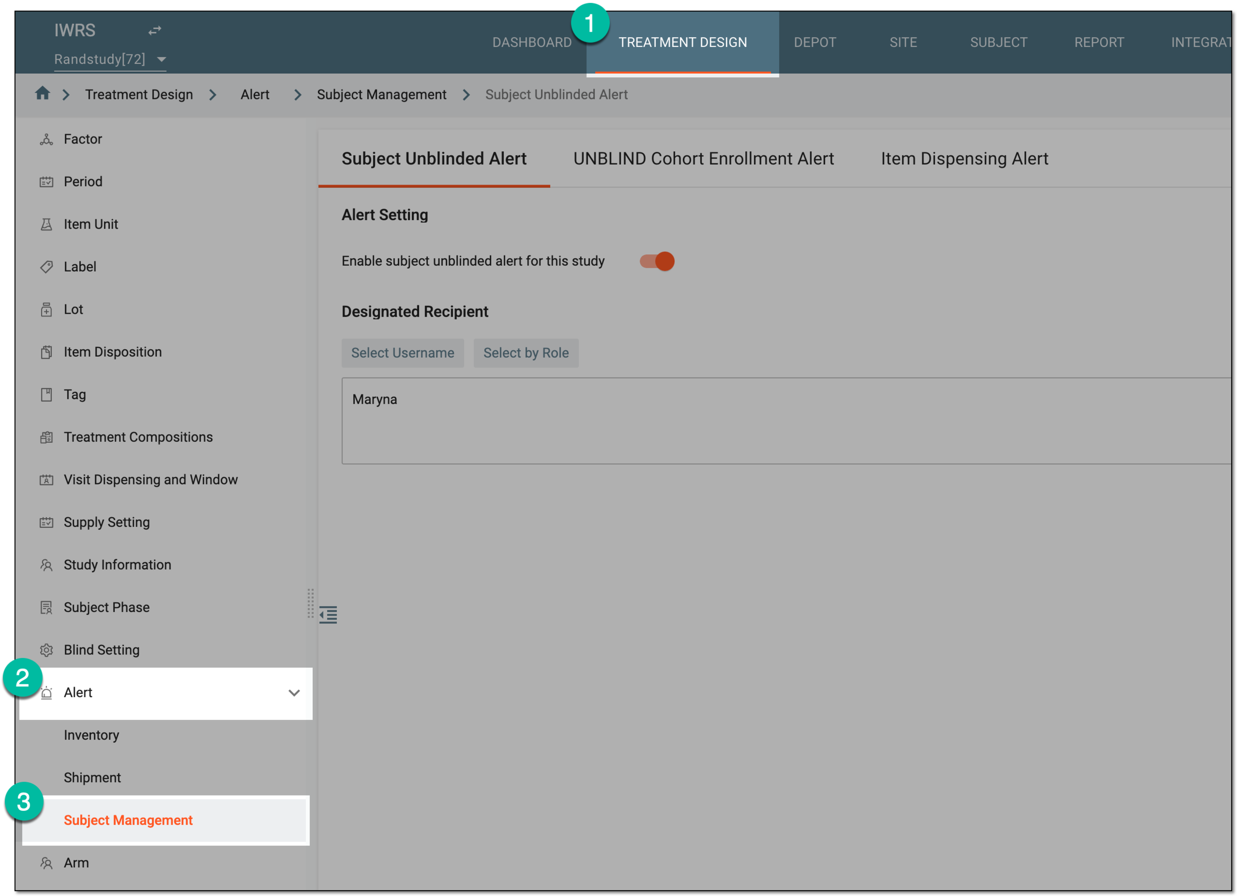 Accessing subject management alert configuration