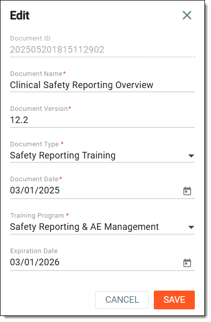 Editing training document entry