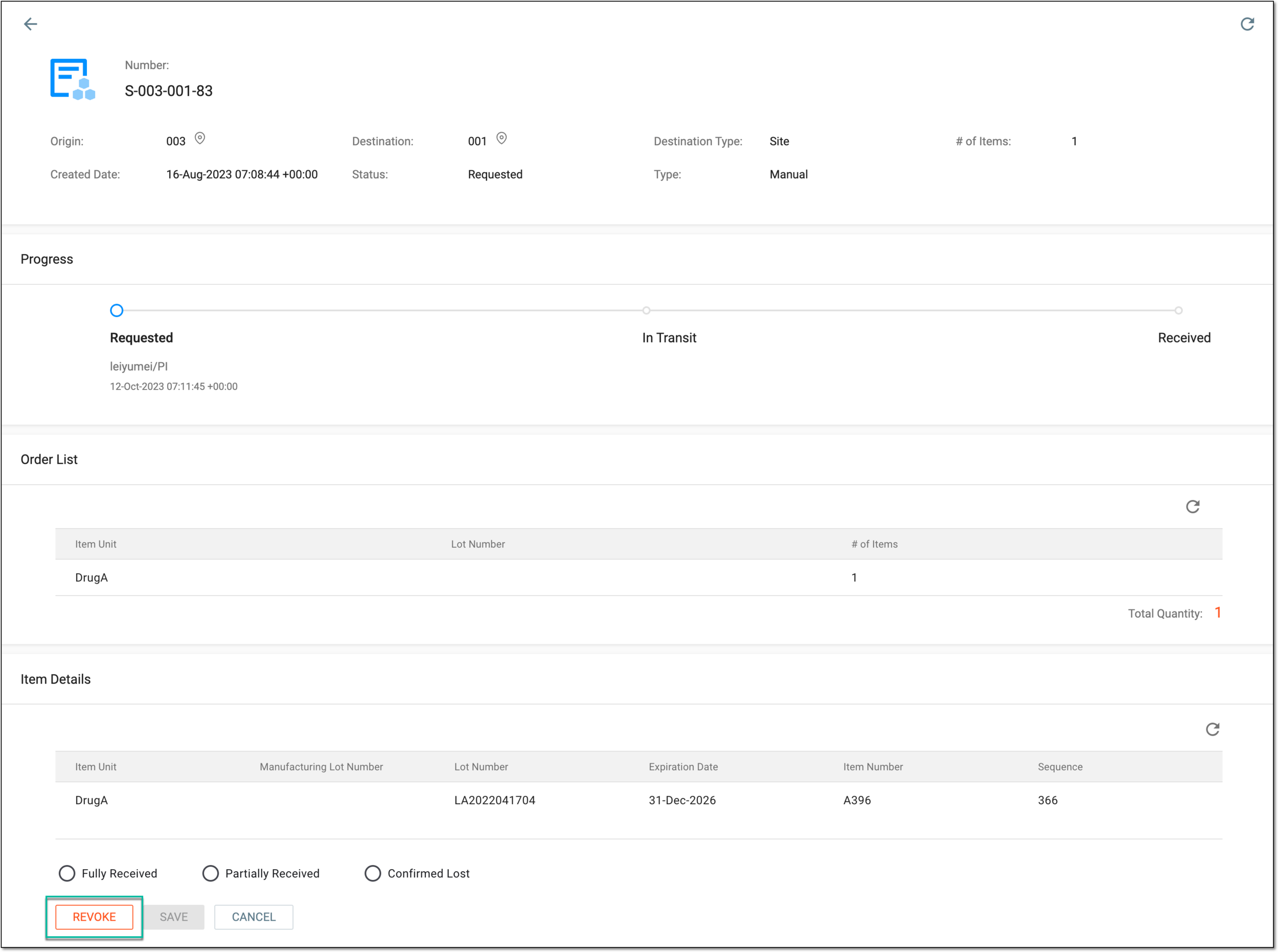 Revoking shipment as applicant site