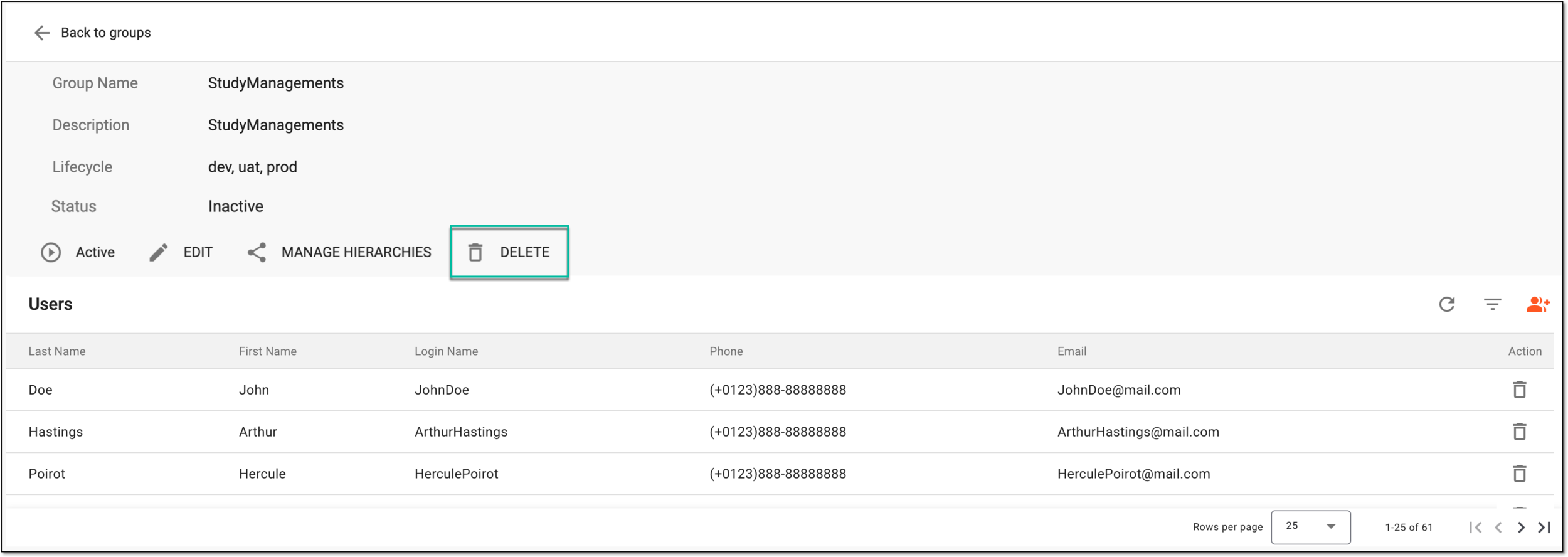 Deleting user group from details page