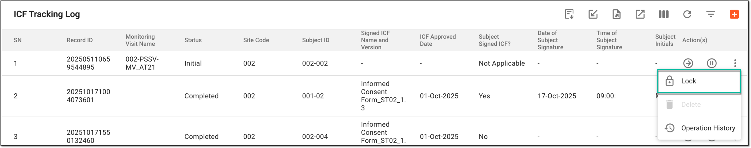 Locking ICF tracking log record