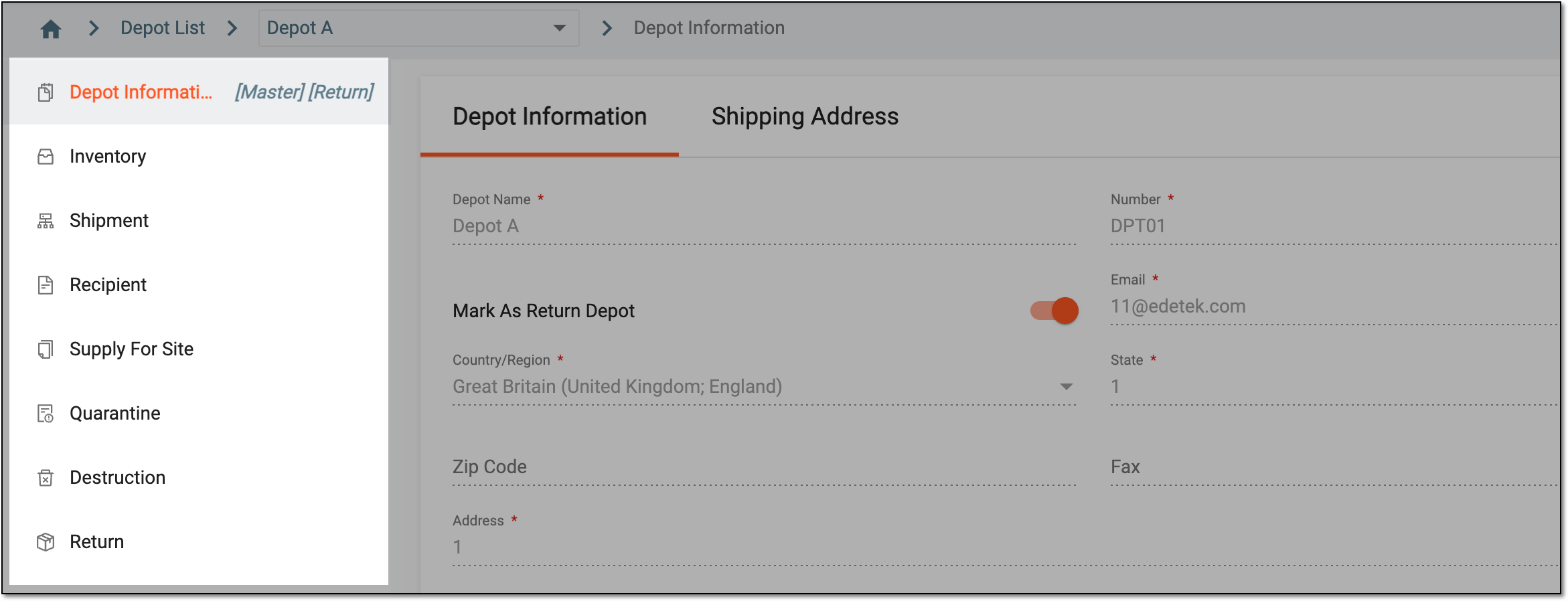 Depot management subtabs