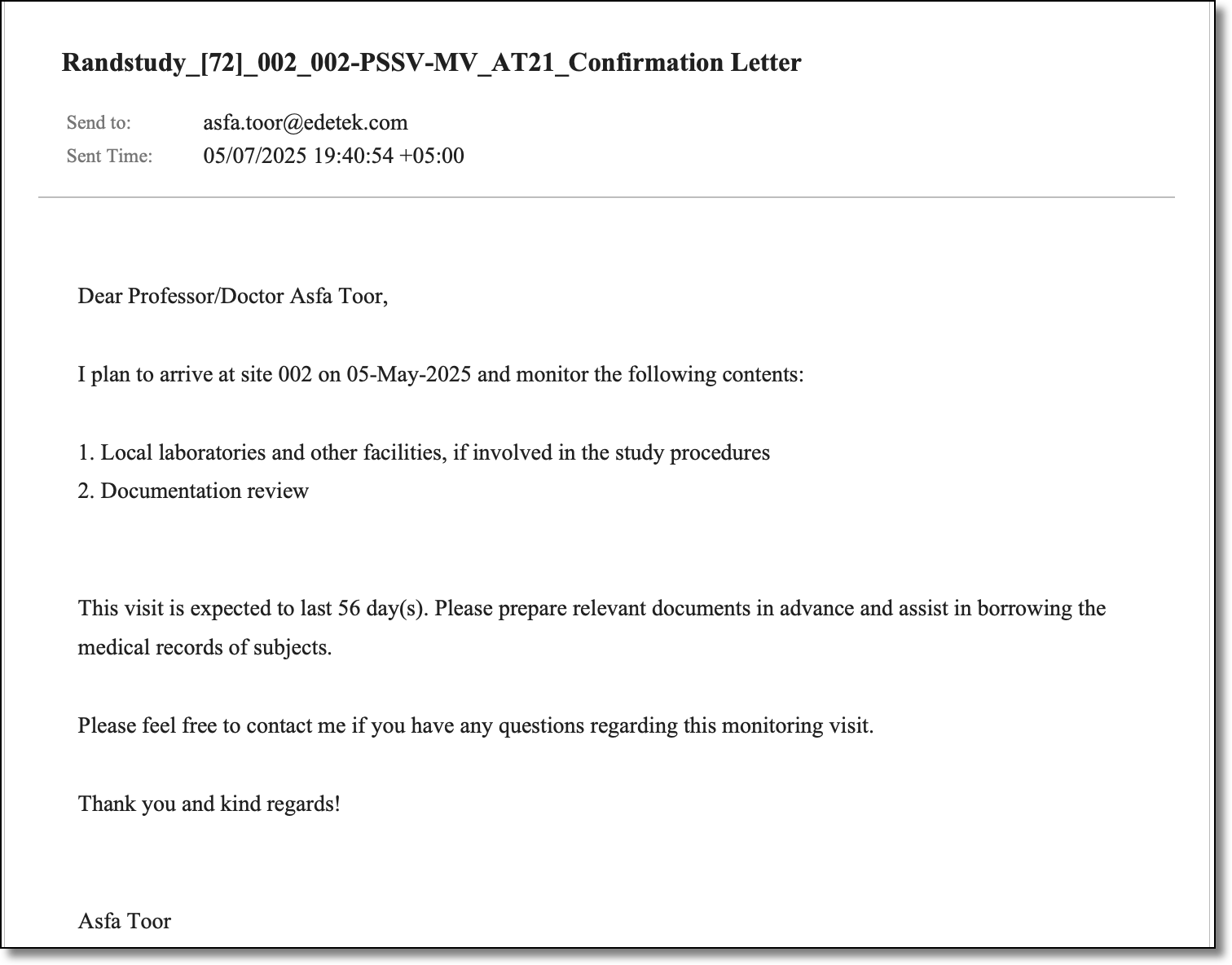 Previewing monitoring visit letter