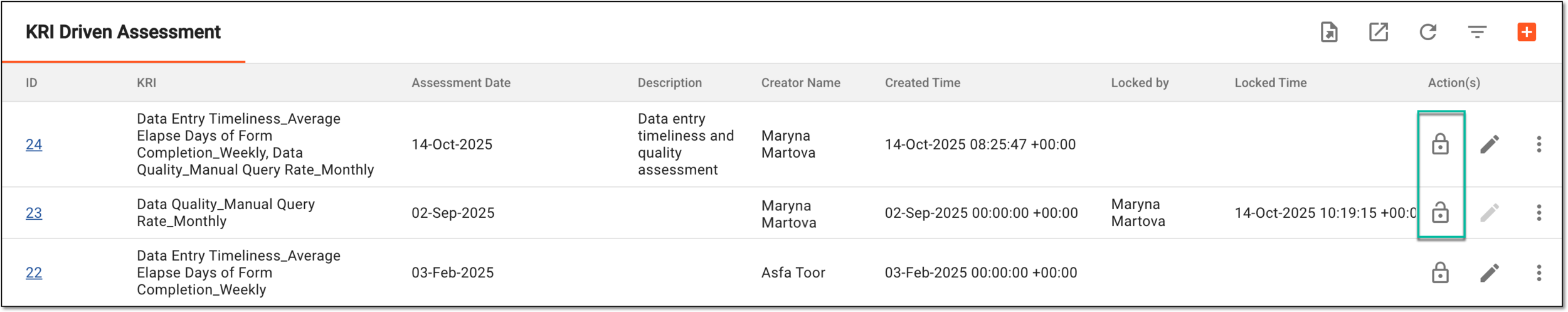 Selecting options to lock or unlock KRI-driven assessment entity
