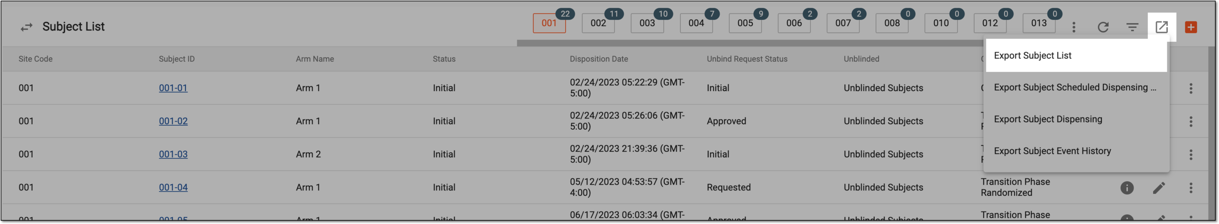 Exporting subject list