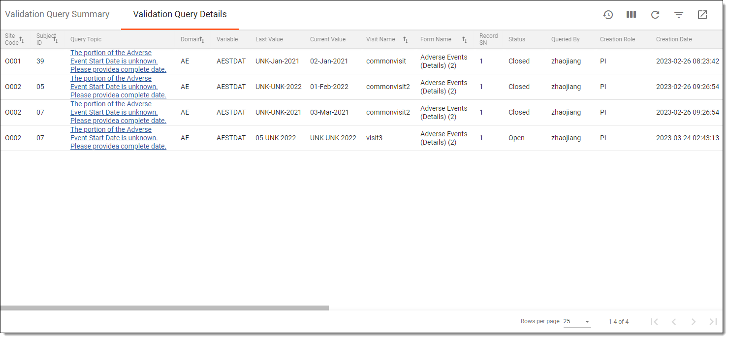 Viewing validation query details