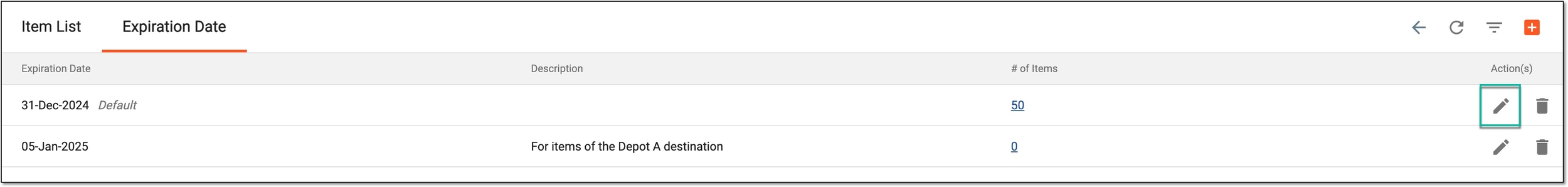 Selecting to edit expiration date