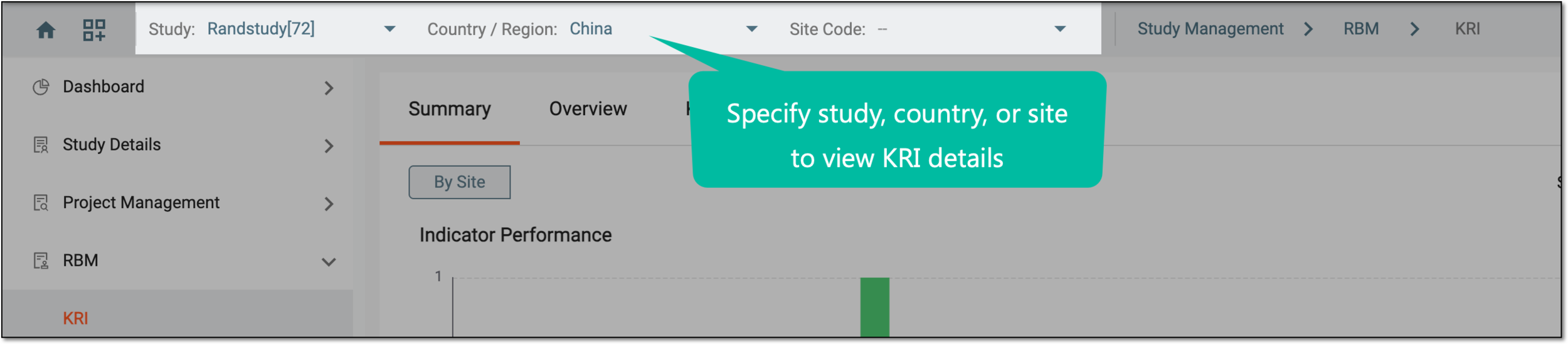 Selecting study, country, or site for KRI details