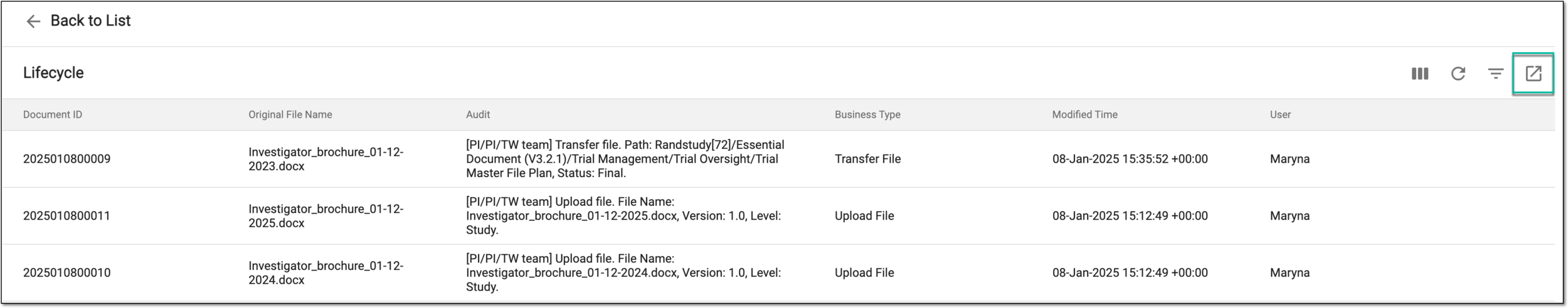Exporting file lifecycle from document warehouse