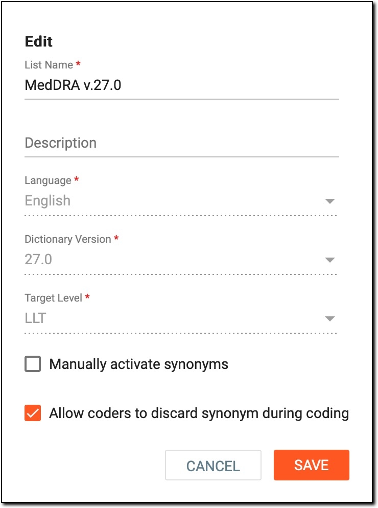 Editing synonym list