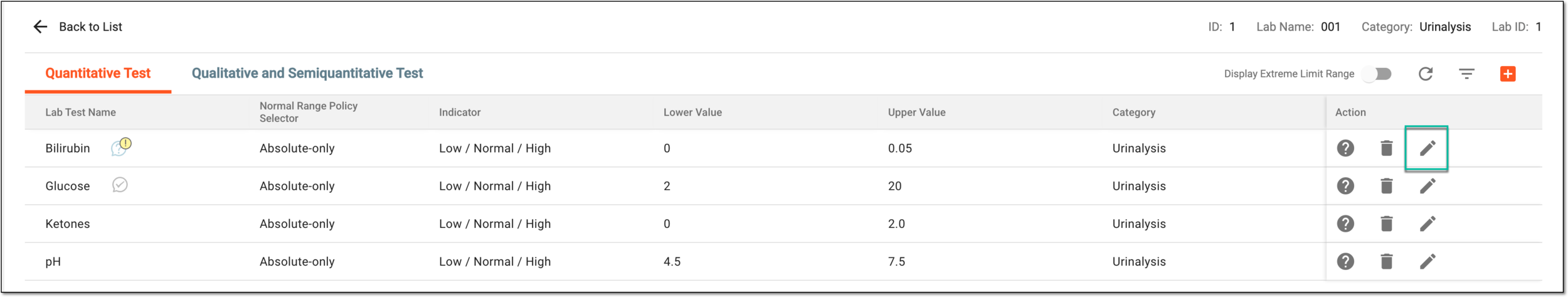 Selecting option to edit normal range values